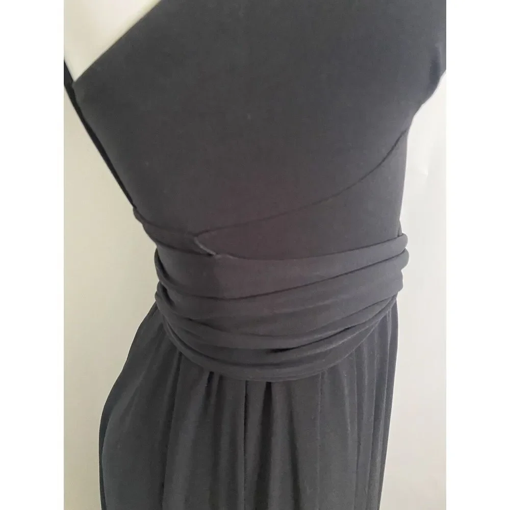 BCBGeneration V Neck Belted Black Maxi‎ Dress XS Front Slit Open Back 58